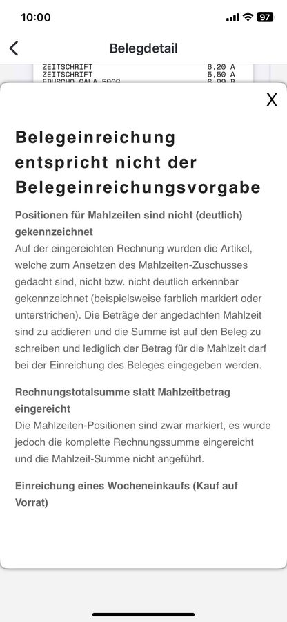 Ablehnungsgrund eines Belegs mit Verweis auf ergänzende Infos