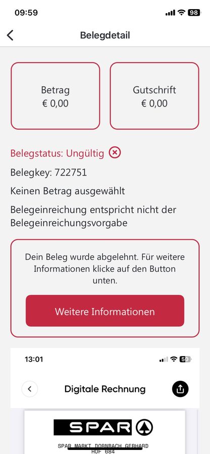 Belegdetail eines abgelehnten Belegs mit Status und Belegfoto