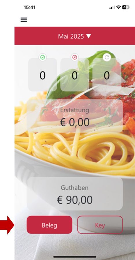 Startseite der dbonApp, der Knopf „Beleg“ ist markiert