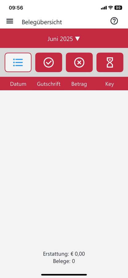 Belegübersicht des aktuellen Monats mit Datum, Gutschrift, Betrag und Key