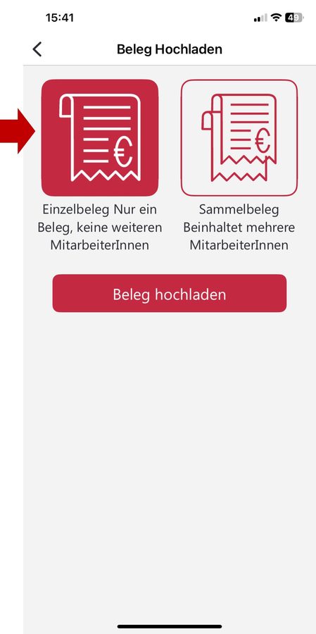 Auswahl zwischen Einzelbeleg und Sammelbeleg mit dem Knopf „Beleg hochladen“