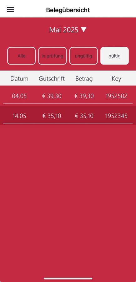 Liste der eingereichten Belege, der Beleg-Key ist beim Sammelbeleg sichtbar