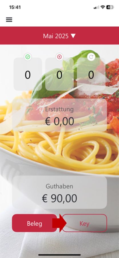 Startseite der dbonApp, der Knopf „Key“ ist markiert