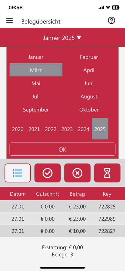 Auswahl von Monat und Jahr in der Belegübersicht