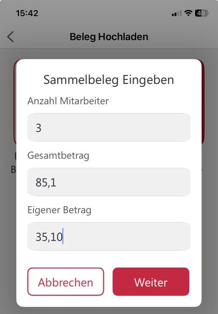 Eingabe der Sammelbelegdaten: Anzahl Mitarbeiter, Gesamtbetrag und eigener Betrag
